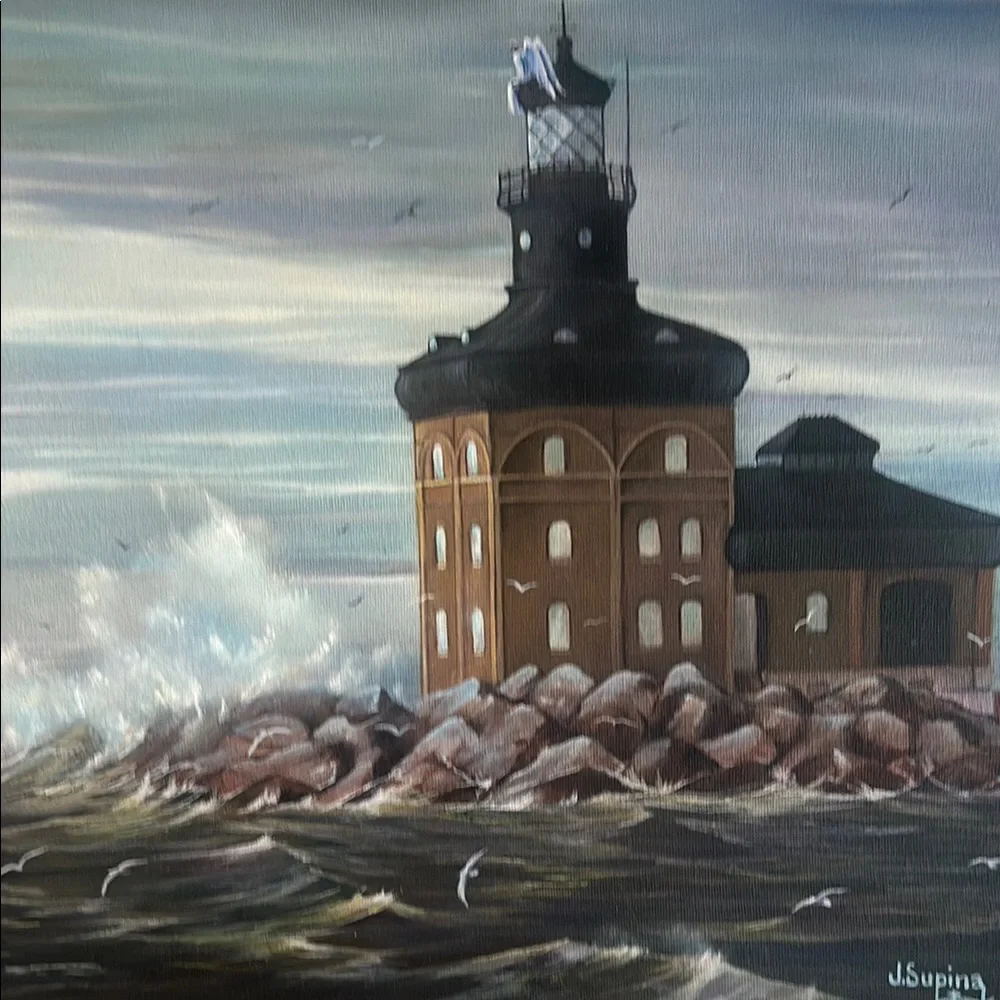 Seascape Lighthouse Painting with Gray Frame - Picture 2 of 4